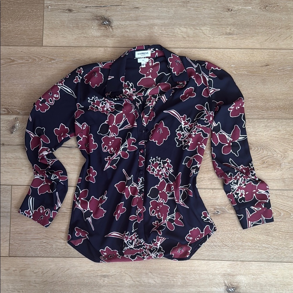 Floral Button-Up Blouse - Navy Blue & Maroon